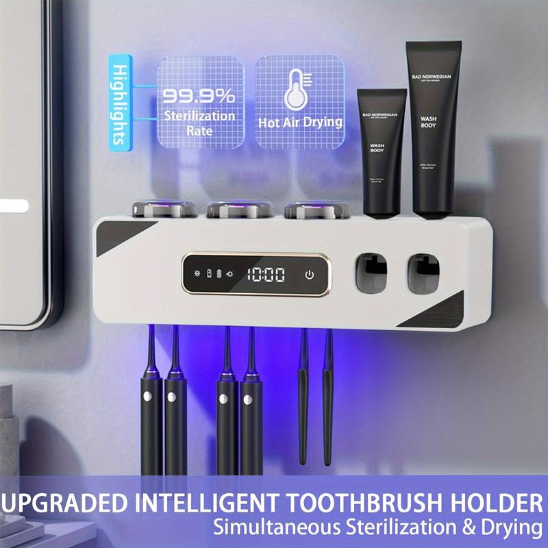 Toothbrush Holder for Bathrooms, Toothbrush Holders and 2 Toothpaste Dispenser with Smart Drying and Cleaning, Toothbrush Holder Wall-Mounted with 3 Cups 6 Toothbrush Slots