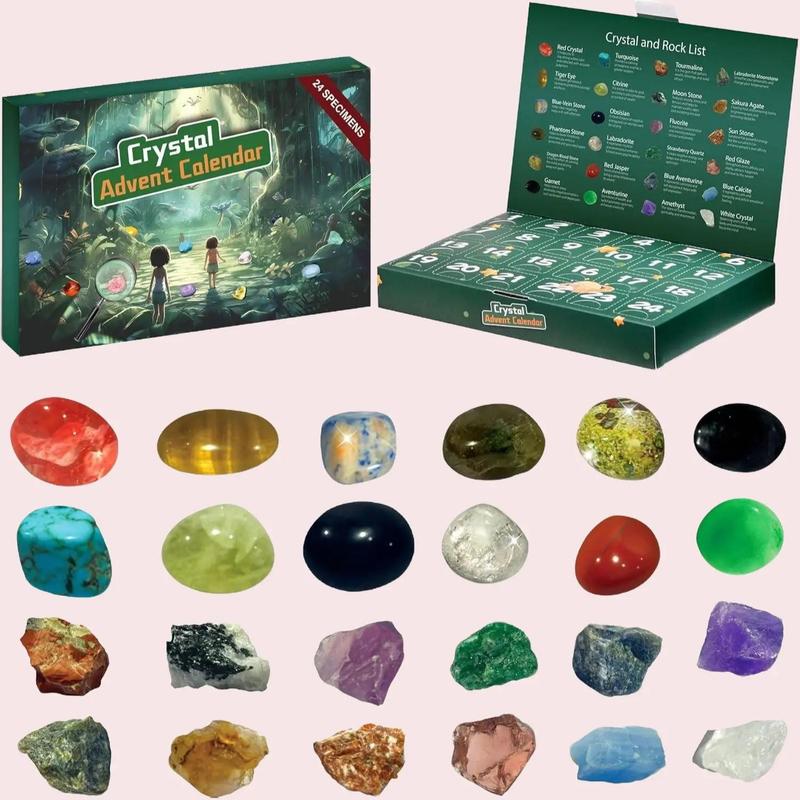 Crystal Advent Calendar 2024, 24-Day Christmas Countdown Gift with Unique Stones and Crystals for Kids, Teens, and Adults – Holiday Rock Collection Set