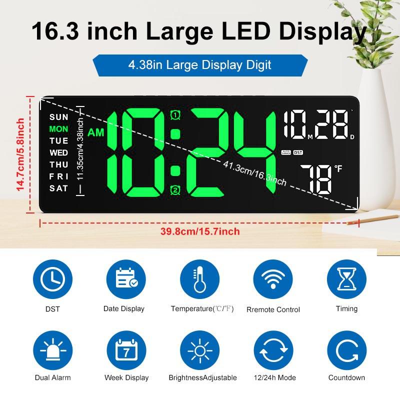 CLOCCERS 16.5 Inch Large Digital Wall Clock with 7 Color Changing Night Lights, Auto Dimmer LED Wall Clock Large Display with Remote, Date, Indoor Temperature, DST, Clear Read Digital Clock Large Display for home,office,workplace,gaming room,trailer,gift