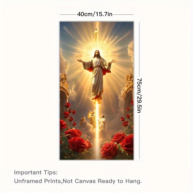 No frame High-Definition Jesus Canvas Print Poster, Religious Wall Art Picture, Home Decor Ascension Scene with Angels & Roses, Spiritual Living Room Bedroom Artwork, Unframed Christian Festival Gift - 1 Piece Ornaments Decoration Photo