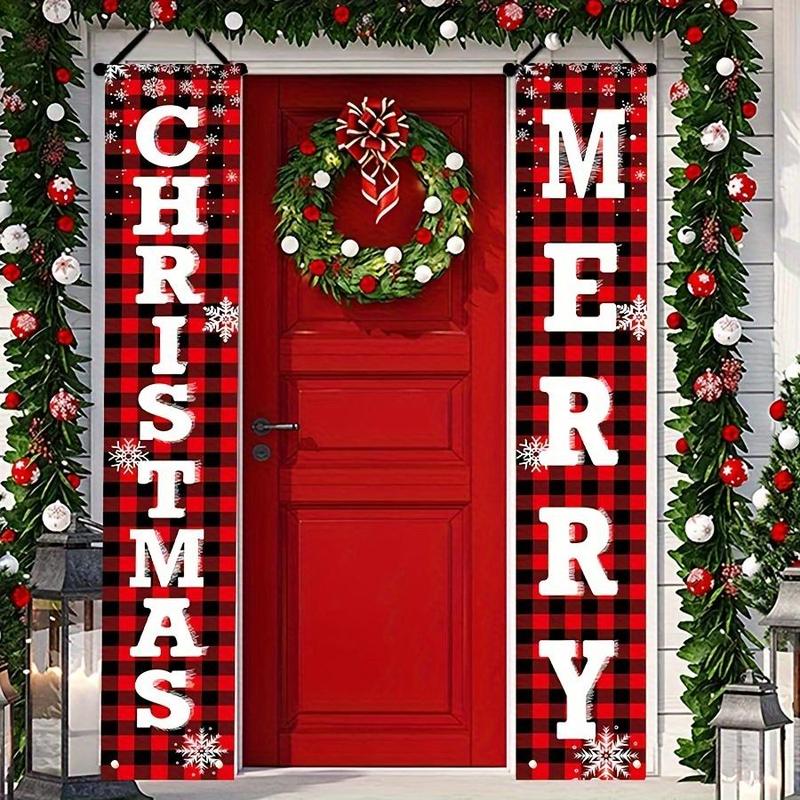 Merry Christmas Banner, 2 Counts set Letter & Plaid Pattern Festive Outdoor Decor Banner, Holiday Party Wall Hanging Decor