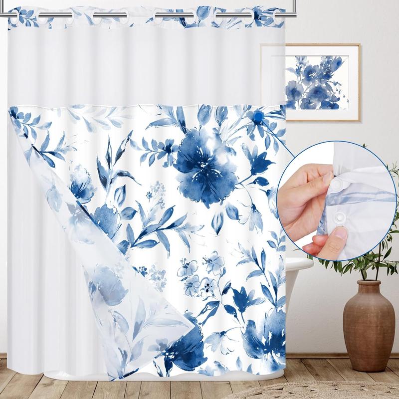 No Hook Shower Curtain with Snap Liner, Blue Floral Shower Curtain and Liner Set, See Through Shower Curtain with Window, Double Layer, Waterproof shower curtain