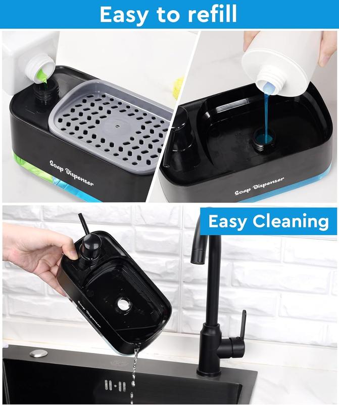 [Offer] Hand and Dish Soap Dispenser for Kitchen, Dual Soap Dispenser with Sponge Holder, 3-in-1 Countertop Soap Pump Dispenser, Kitchen Gadgets Black