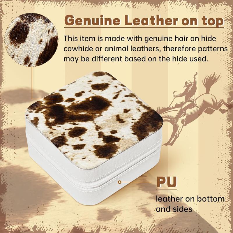 Western Jewelry Box Case Real Leather Cow Print Cowhide Tooled Travel Jewelry Organizer Gifts Christmas Gifts for Women Country Girls Cowgirl Stuff Portable Travel Accessories -Brown