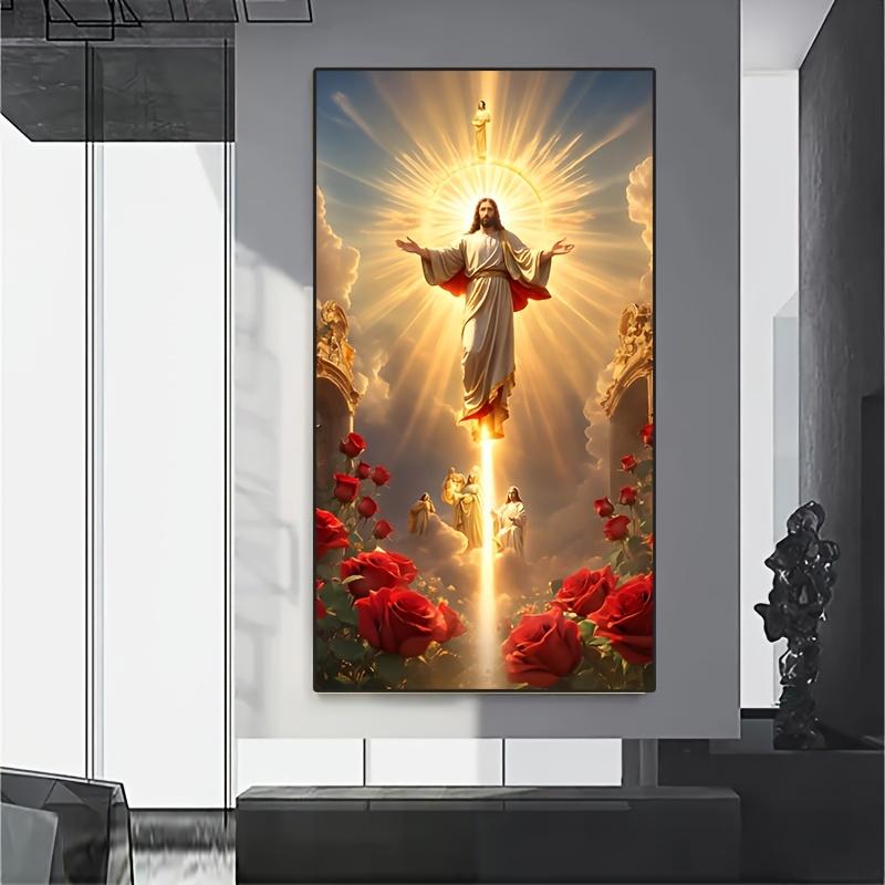 No frame High-Definition Jesus Canvas Print Poster, Religious Wall Art Picture, Home Decor Ascension Scene with Angels & Roses, Spiritual Living Room Bedroom Artwork, Unframed Christian Festival Gift - 1 Piece Ornaments Decoration Photo