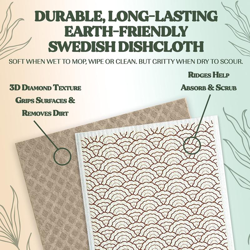 FEBU Swedish Dishcloths for Kitchen | 5 Pack Vintage Kitchen Reusable Paper Towels | Reusable Paper Towels Washable | Non-Scratch Cellulose Sponge Cloths | No Odor, Biodegradable, Swedish Cloths