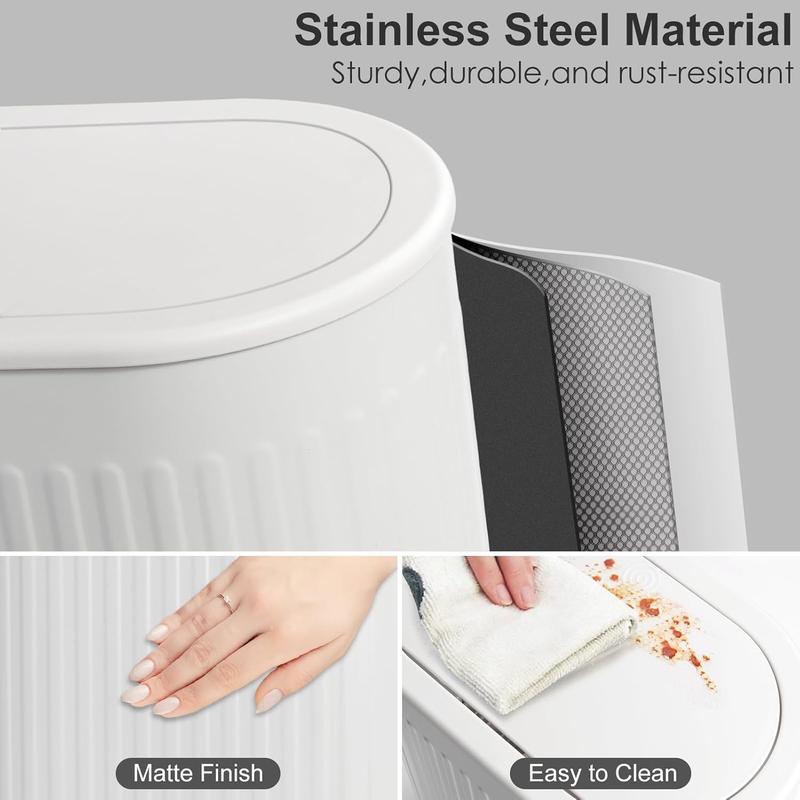 Bathroom Trash Cans White Stainless Steel Small Garbage Can with Pop up Lid, 1.8 Gallons  Proof Narrow Wastebasket, Slim Litter Trash Bins for Bedroom, Toilet, Office