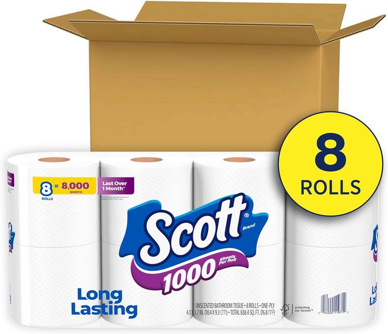 1000 Toilet Paper, 8 Rolls, Septic-Safe, 1-Ply Toilet Tissue Pack Sheet Wipes