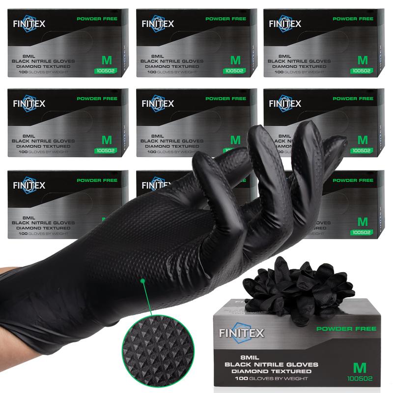 FINITEX 8 Mil Diamond Pattern Black Nitrile Gloves (Automotive Work) Cleaning Gloves - Hardware and Electricians (Multi-Purpose) Hand