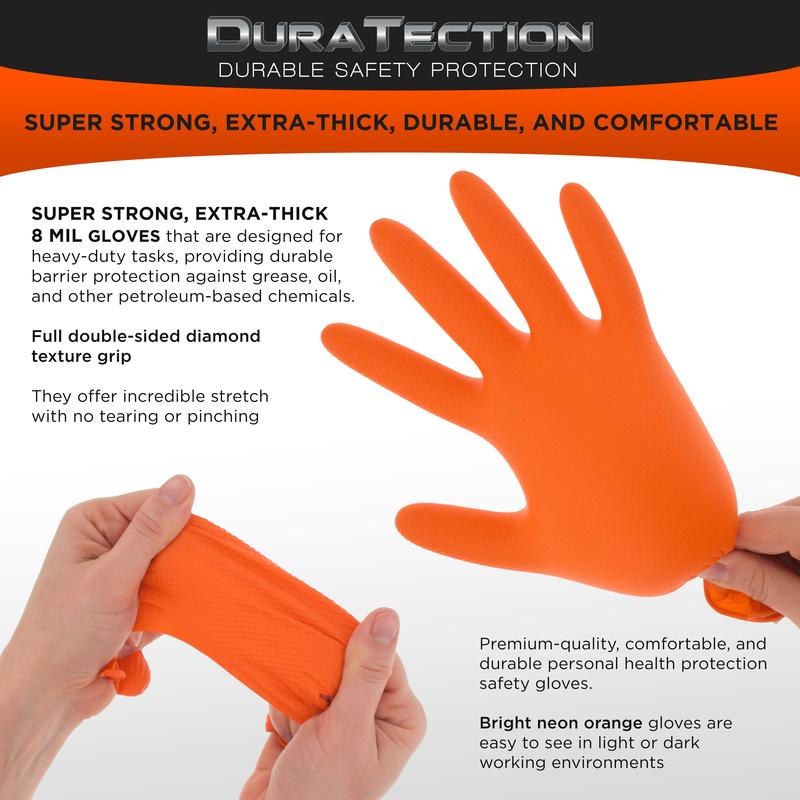 Duratection 8 Mil Orange Super Duty Diamond Textured Nitrile Disposable Gloves, Box of 100, Medium - Latex Free, Powder Free, Food Safe, Safety Protection Work Gloves Cleaning