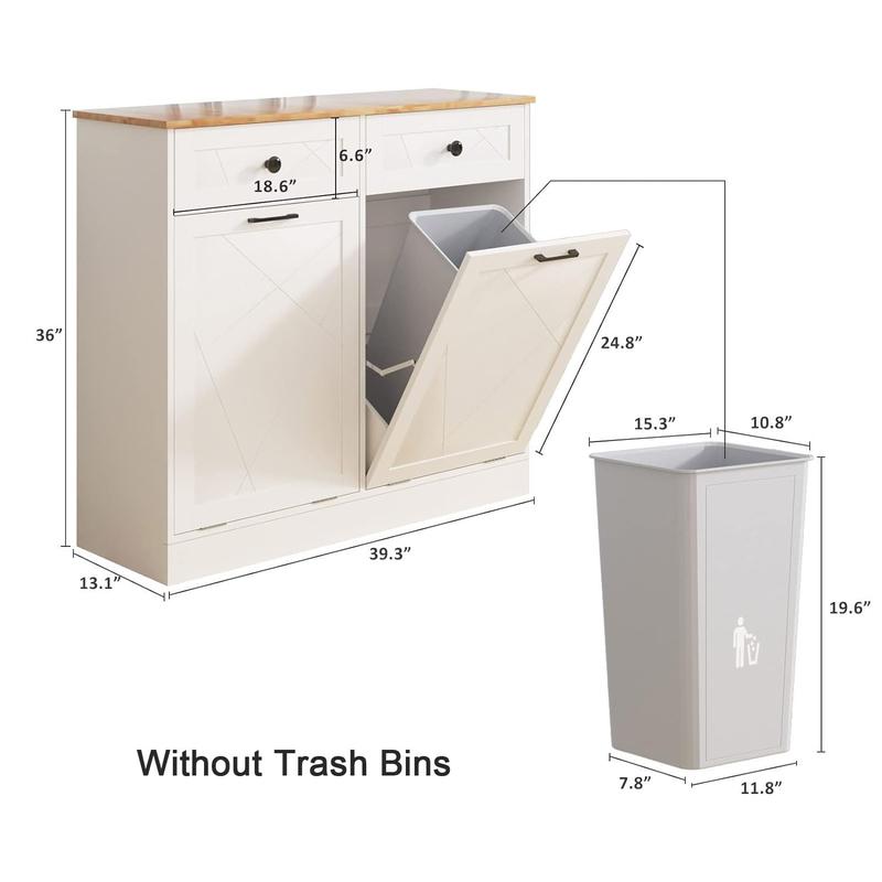  Vabches Trash Cabinet Trash Can, Dog Proof Tilt Out Trash Bin Holder, Free Standing Recycling Cabinet with 2 Drawers for Kitchen Living Room