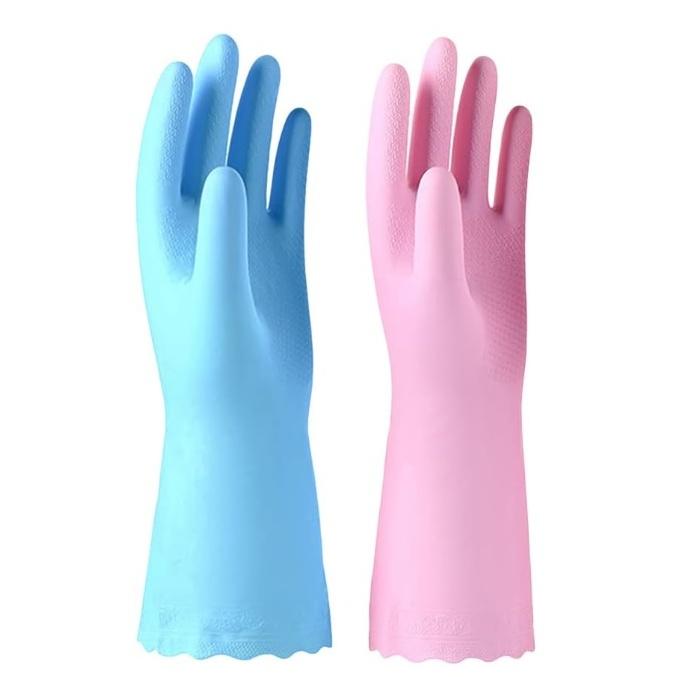 2 Pack Reusable Cleaning Gloves Latex Free, Dishwashing Gloves with Cotton Flock Liner and Embossed Palm, Waterproof Household Gloves for Laundry, Gardening Comfortable Vinyl Cover