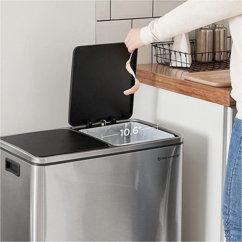 SONGMICS HOME Stainless Steel Trash Can Garage Can Multi-Compartment Plastic Inner Buckets and Hinged Lids Soft Closure Kitchen Trash Bin cool trashcan