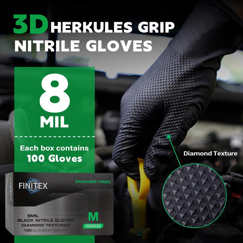 FINITEX 8 Mil Diamond Pattern Black Nitrile Gloves (Automotive Work) Cleaning Gloves - Hardware and Electricians (Multi-Purpose) Hand