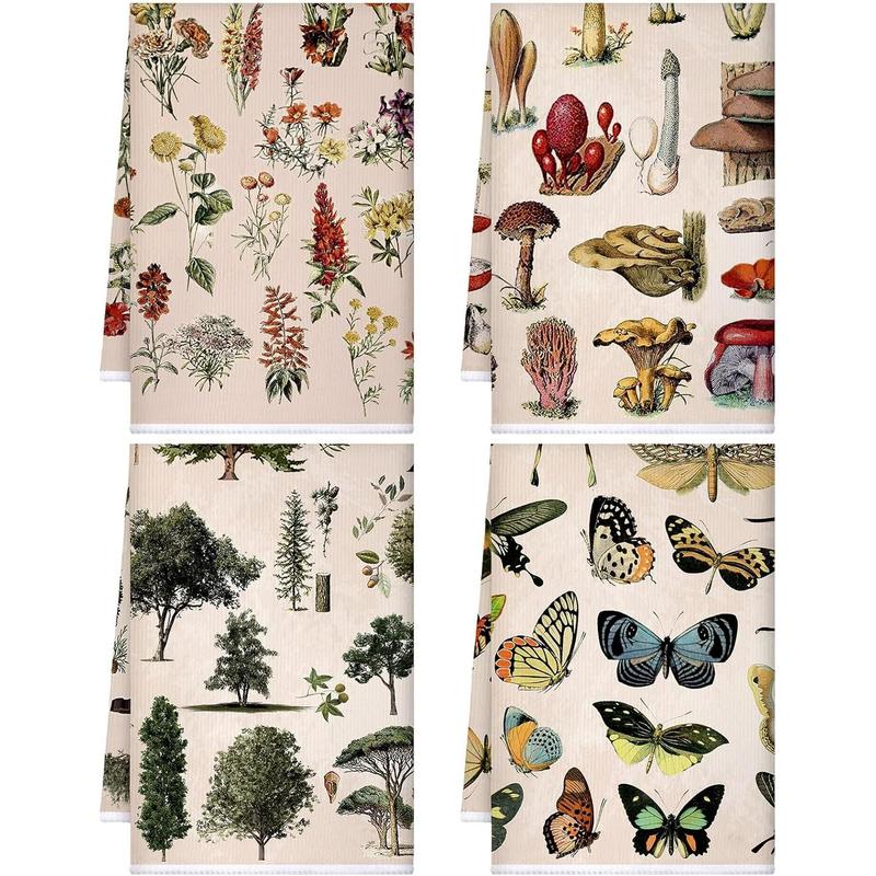 4 Count Vintage Kitchen Towels Forest Mushroom Dish Towels Wildflower Tea Towels Butterfly Plants Hand Towels Absorbent Floral Towel for Holiday Kitchen Bathroom Farmhouse Housewarming Gifts Cleaning