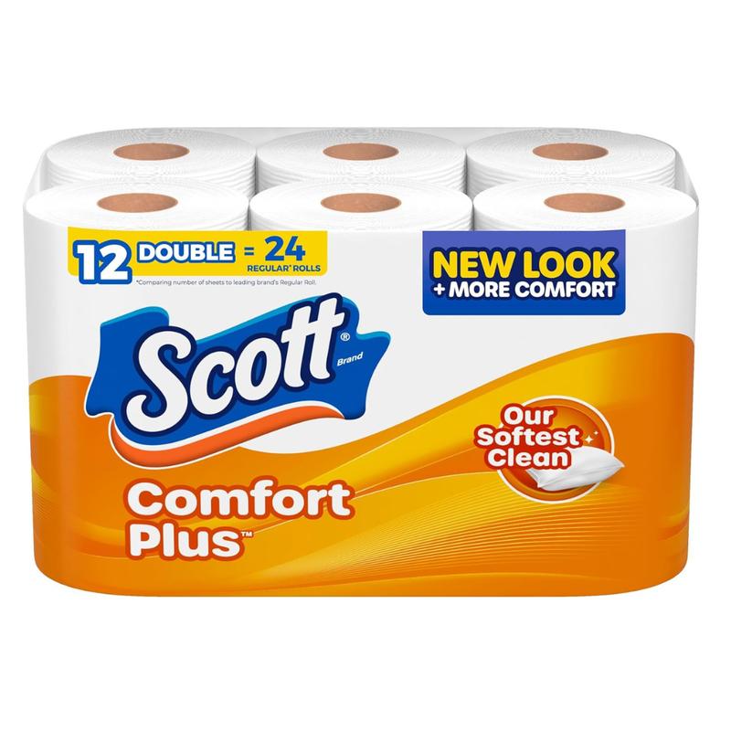 Scott ComfortPlus Toilet Paper, 12 Double Rolls, 231 Sheets per Roll, Septic-Safe, 1-Ply Toilet Tissue Wipes