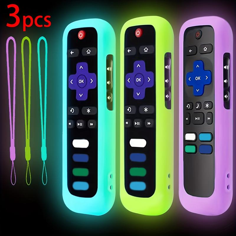 1 2 3pcs Glow-in-the-Dark Silicone Remote Cover With Lanyard For Roku TV Remote Control - Universal Silicone Sleeve Case For TCL Hisense, Roku TV Streaming Stick, 4K+  4K Voice Remote