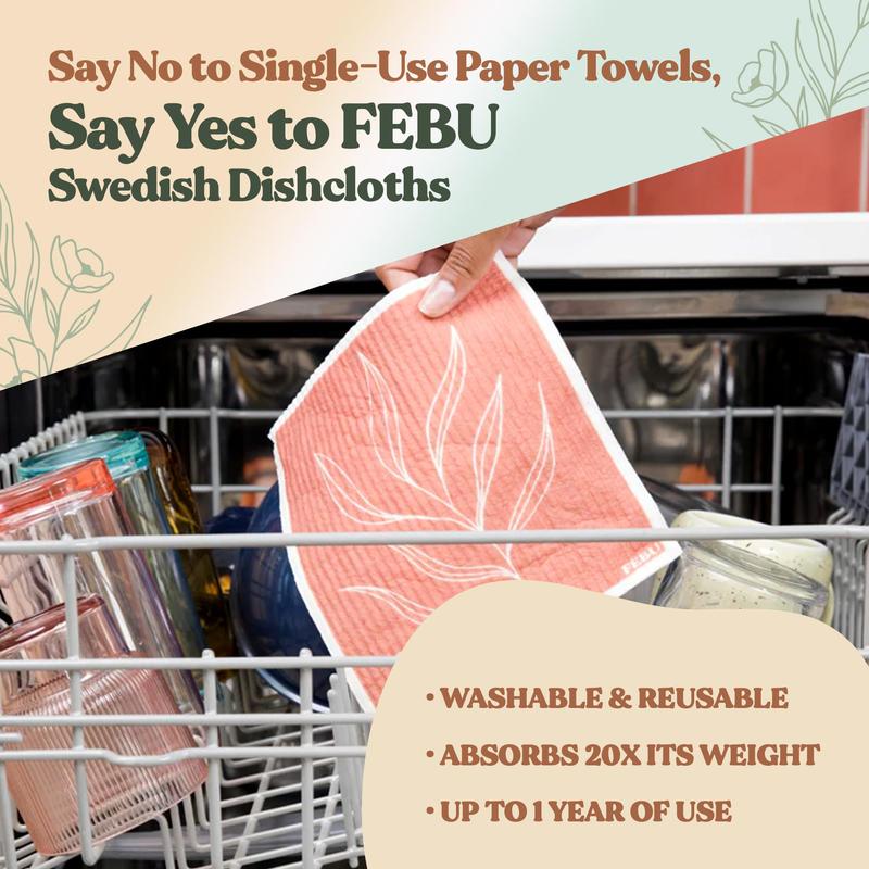 FEBU Swedish Dishcloths for Kitchen | 5 Pack Vintage Kitchen Reusable Paper Towels | Reusable Paper Towels Washable | Non-Scratch Cellulose Sponge Cloths | No Odor, Biodegradable, Swedish Cloths