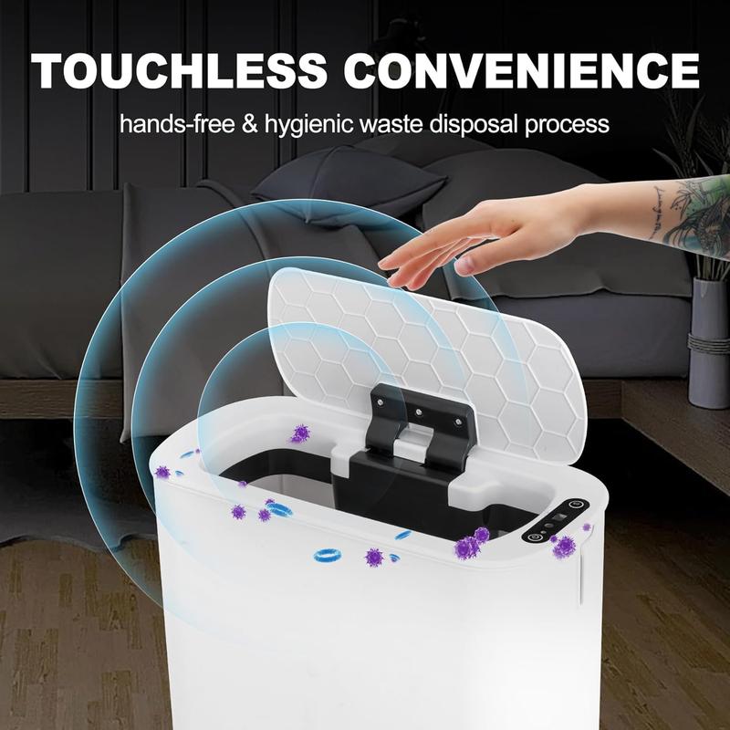 5 Gallon Automatic Bathroom Trash Can, Touchless Motion Sensor Garbage Can with Lid, Smart Plastic Slim Wastebasket for Bathroom, Office, rv, Bedroom, Living Room, White