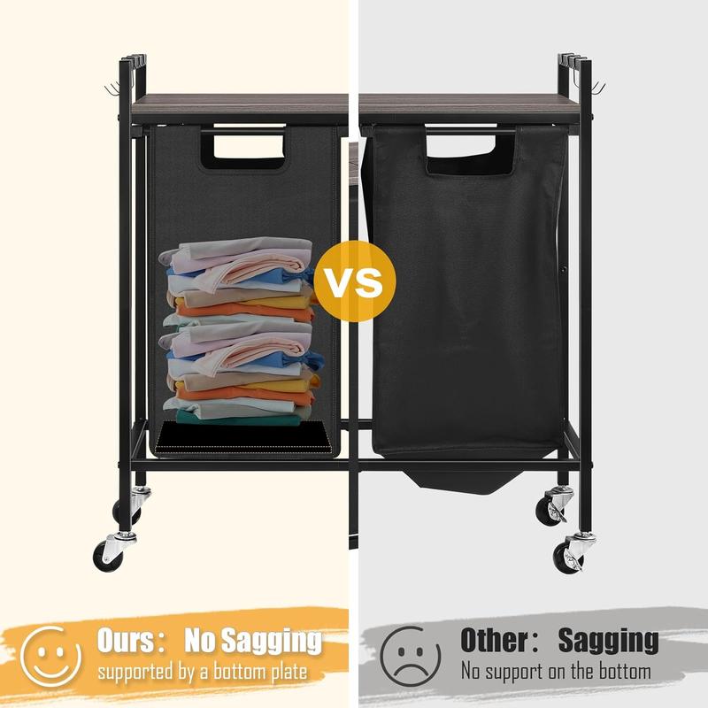 Laundry Basket with Wheels Black, Removable Laundry Bags Sorter 2 Section with Shelf for Laundry Bedroom Bathroom, 2 × 45L