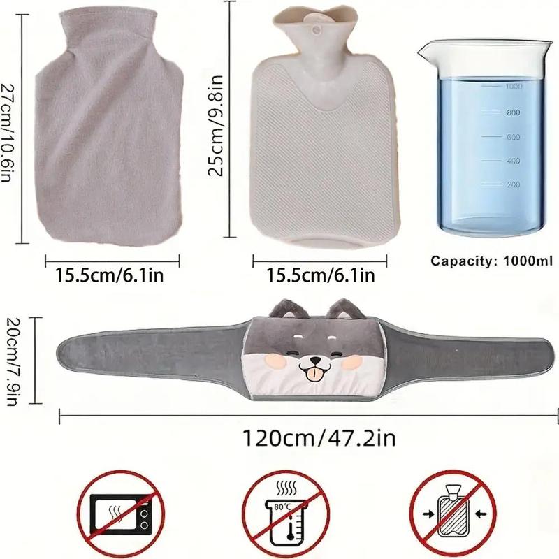 Hot Water Bag & Plush Cover & Waist Belt, 3 Counts Cute Cartoon Dog Pattern Portable Heating Bag, Warm Water Bag for Home & Office Use, Winter Essentials