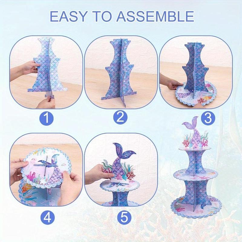 Mermaid Theme Cake Decoration Set, Including 1 Count Cupcake Stand & 12pcs Cupcake Topper, Birthday Party Decoration Supplies