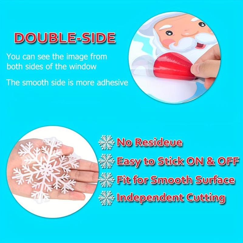 3D Christmas Window Sticker, 1 Set Snowman & Santa Claus & Reindeer & Snowflake Pattern Static Cling Window Decal, Holiday Decoration Supplies for Home Party School