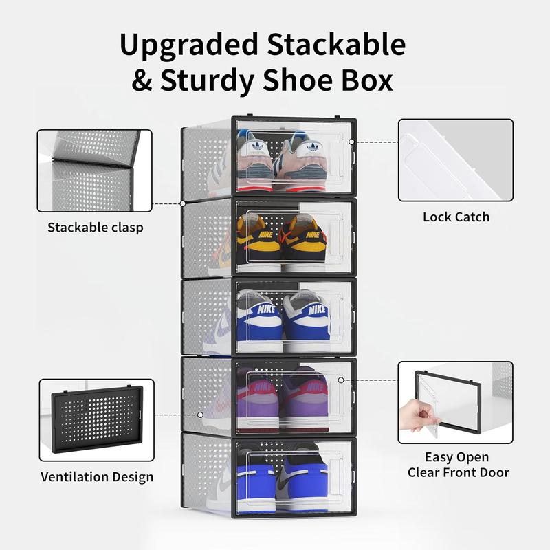 12 Pack Shoe Storage Bins, Clear Plastic Stackable Shoe Organizer for Closet, Space Saving Foldable Shoe Rack, Shoe Box Sneaker Holder Container, Black Frame Laundry Room