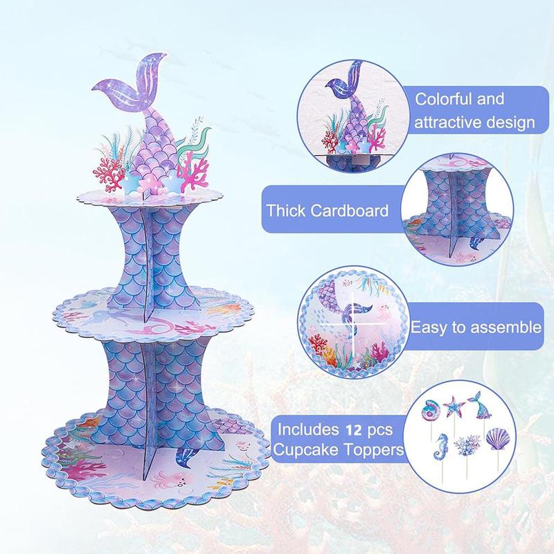 Mermaid Theme Cake Decoration Set, Including 1 Count Cupcake Stand & 12pcs Cupcake Topper, Birthday Party Decoration Supplies