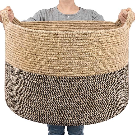 Goodpick Extra Large Wicker Storage Basket, 83L Woven Blanket Storage for Living Room, Round Woven Basket for Clothes, Large Jute Basket, Big Laundry Basket for Pillow, 21.7 x 13.8 inches