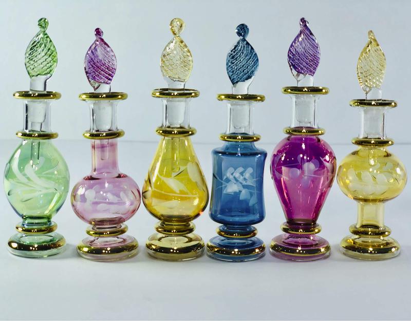 Set of 6 Handmade Egyptian Glass Perfume Bottles, 5 cm Miniatures with Gold Detailing