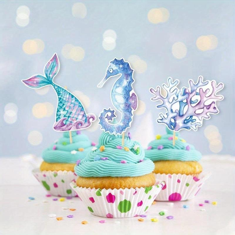 Mermaid Theme Cake Decoration Set, Including 1 Count Cupcake Stand & 12pcs Cupcake Topper, Birthday Party Decoration Supplies