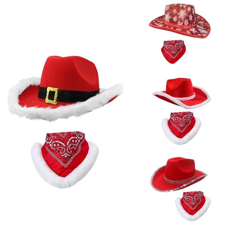 Adults Christmas Cowboy Hat and Scarf Red Santa Wide Brim Hat Holiday Party Costume Accessories