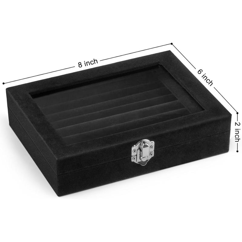 7 Slots Ring Holder Storage Box Ring Display Case Jewelry Earrings Necklace Organizer Tray with Top Glass Lid Store Showcase Gift for Women Girls (Black)