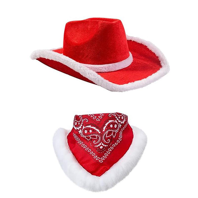 Adults Christmas Cowboy Hat and Scarf Red Santa Wide Brim Hat Holiday Party Costume Accessories