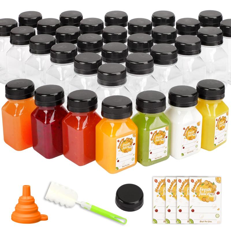 48pcs Juice Bottles, 4oz Plastic Bottles with Caps, 4oz Plastic Containers with Lids Empty Reusable Clear Bottles with Label, Funnel and Brush Beverage for Juicing, Smoothies, Drinking, Fridge