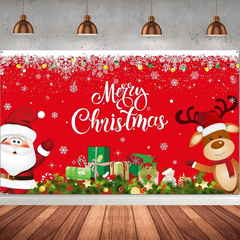 Christmas Banner Backdrop Santa Claus Reindeer Merry Christmas Banner Indoor for Xmas Holiday Party Photo Booth Photography Wall Hanging Decor, 72.8 X 43.3 Inch(Red, Solid-Color Pattern)