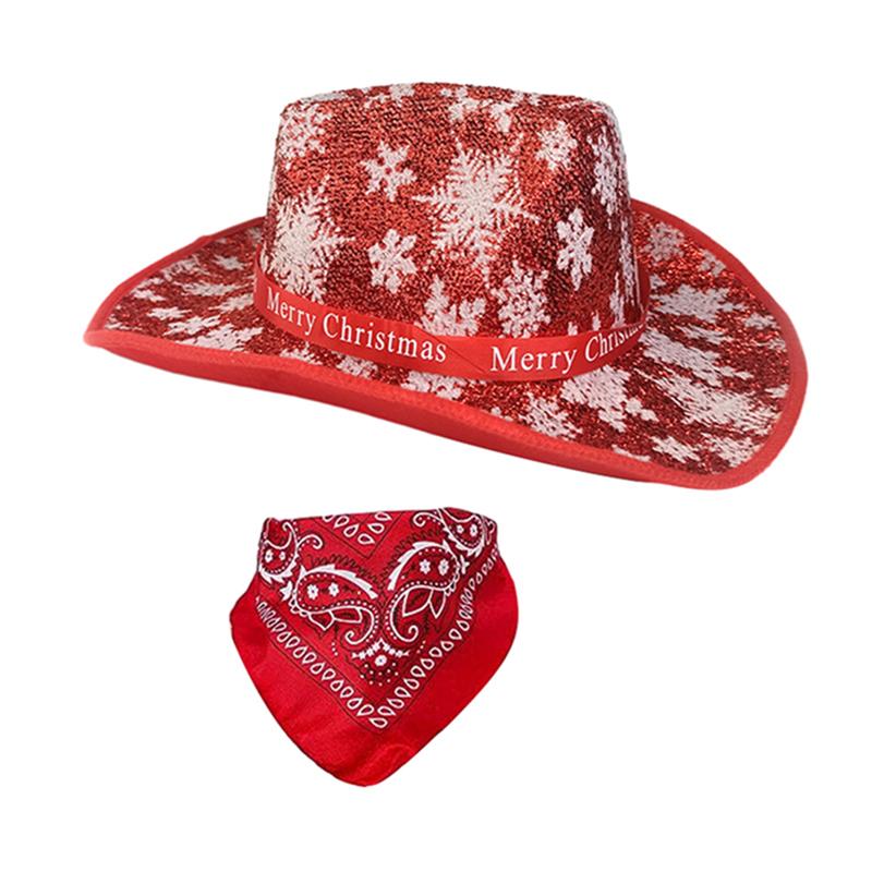 Adults Christmas Cowboy Hat and Scarf Red Santa Wide Brim Hat Holiday Party Costume Accessories