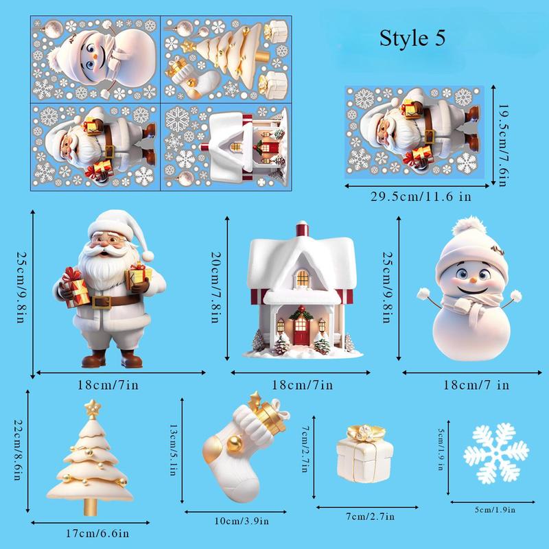 3D Christmas Window Sticker, 1 Set Snowman & Santa Claus & Reindeer & Snowflake Pattern Static Cling Window Decal, Holiday Decoration Supplies for Home Party School