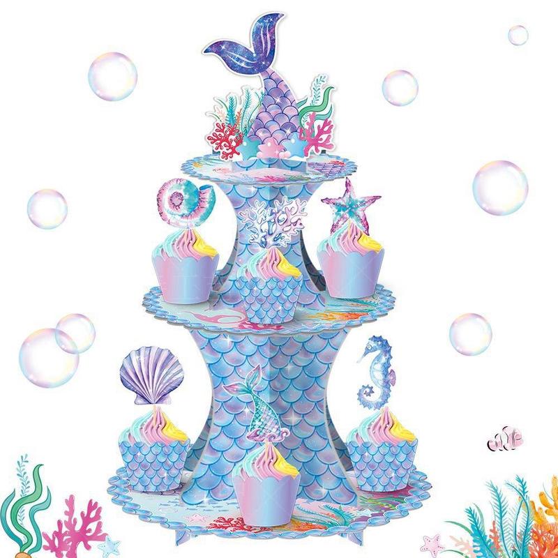 Mermaid Theme Cake Decoration Set, Including 1 Count Cupcake Stand & 12pcs Cupcake Topper, Birthday Party Decoration Supplies