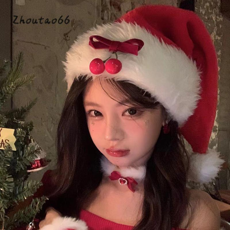 Plush Christmas Hats for Adults Cute Bow Cherry Santa Claus Hat Comfortable Holiday Cap