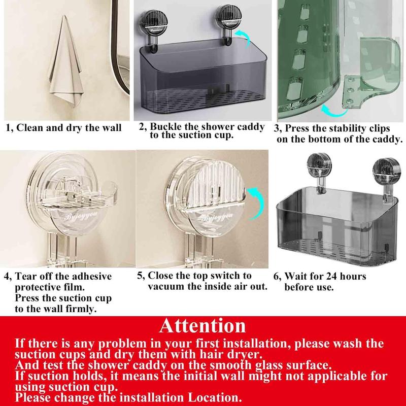 Shower Caddy, Kitchen Storage Rack Suction Cup Shower Organizer Bathroom Removable Shower Basket Strong Suction Shower Shelf Shower Rack, Clear Black L