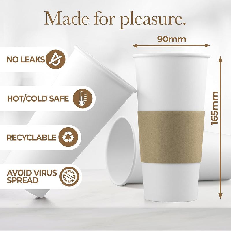 Disposable Coffee Cups with Lids and Sleeves for Insulation (50 Pack) - To Go Paper White Coffee Cups for Travel, Hot Beverage Cups for Coffee, Tea, Hot Chocolate for Winter