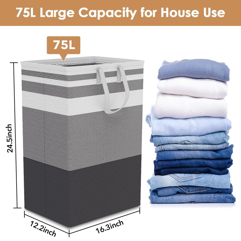 75L Large Laundry Hamper with Handles, Dirty Clothes Hamper for Bedroom Waterproof, Freestanding Tall Laundry Basket Waterproof, Hamper for Bedroom, Bathroom, Dorm, Toys Storage (Stripes, 2 × 75L) clothes  basket