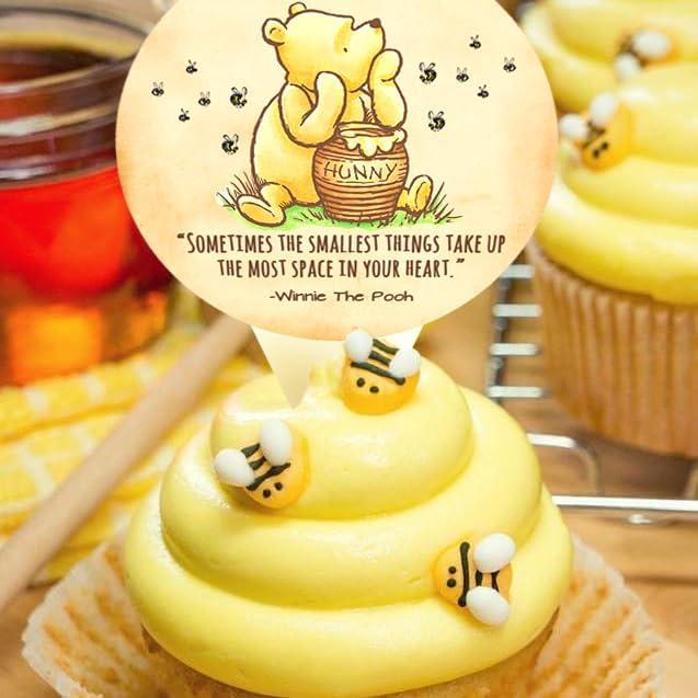 48Pcs Bear Themed Cupcake Toppers,Classic Winnie Stuff for Baby Shower First Birthday Party Decorations Ornaments