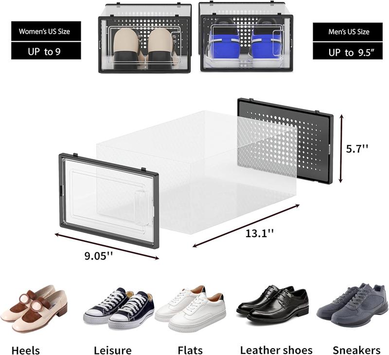 12 Pack Shoe Storage Bins, Clear Plastic Stackable Shoe Organizer for Closet, Space Saving Foldable Shoe Rack, Shoe Box Sneaker Holder Container, Black Frame Laundry Room