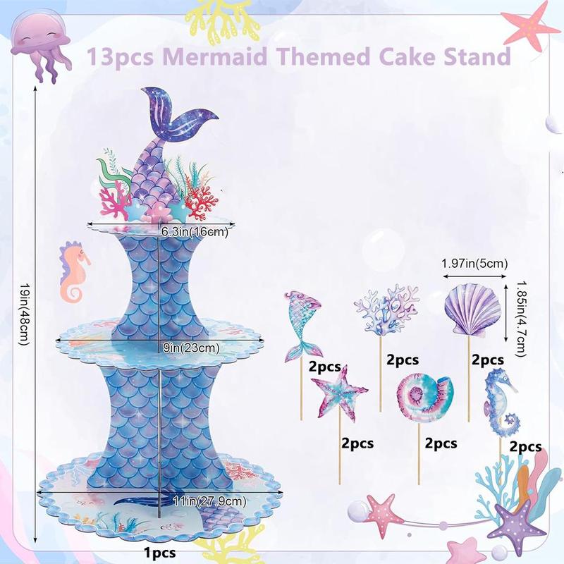 Mermaid Theme Cake Decoration Set, Including 1 Count Cupcake Stand & 12pcs Cupcake Topper, Birthday Party Decoration Supplies