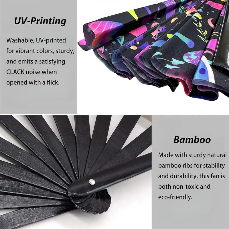 UV Glow Large Rave Folding Hand Fan for Men Women, Rave Essentials, Decorative Folding Hand Fan for Party, Home Decoration, Gift, Music Festival Essential, EDM Rave Accessories (Mushrooms)