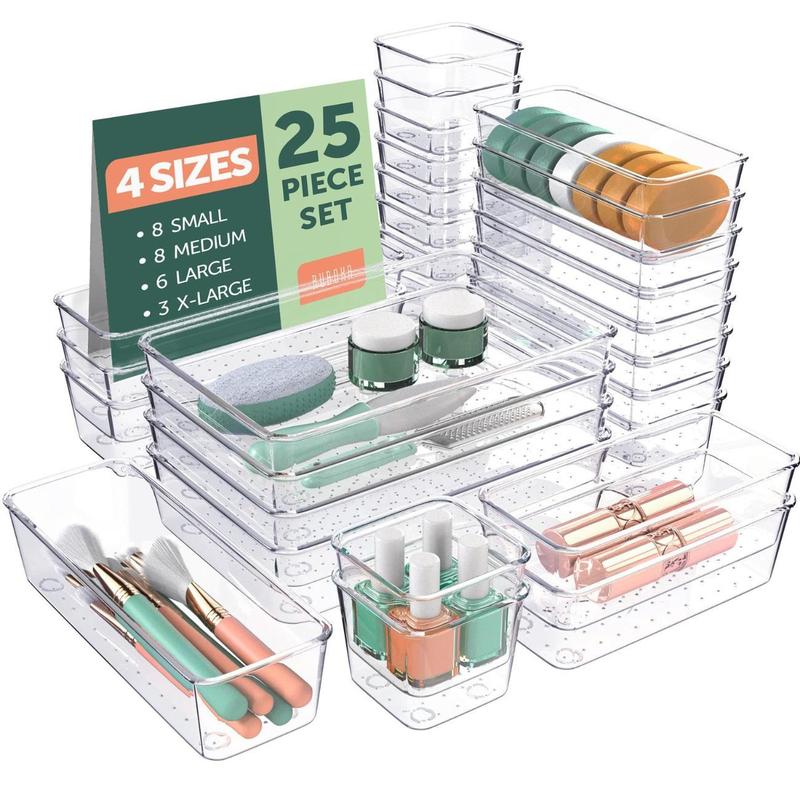 25 PCS Clear Plastic Drawer Organizers Set, 4 Sizes Clear Drawer Organizers & storage Bins for Makeup Jewelry Vanity, Kitchen Gadgets Or Office Desk. Bathroom Drawer Organizer Trays With Non-Slip Pads