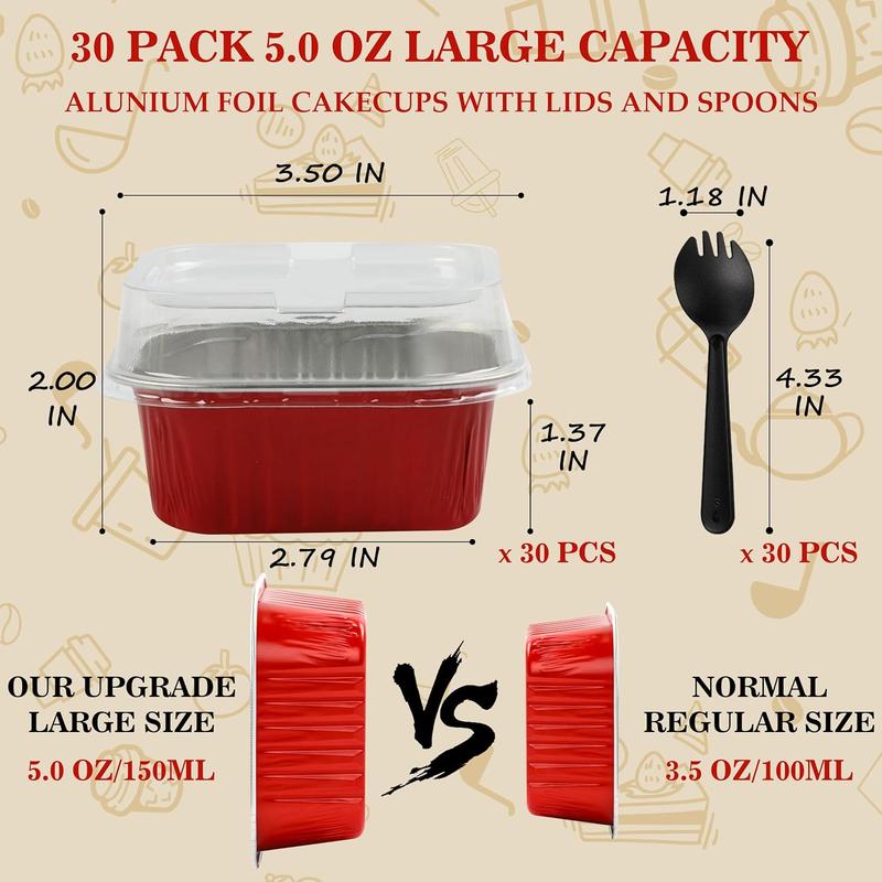 Baking Cups With Lids, 30 count 5OZ Square Mini Cake Pans With Lids Mini Disposable Cake Pans with Lids Cupcake Containers Mini Aluminum Pans with Lids for Birthday Wedding,Red